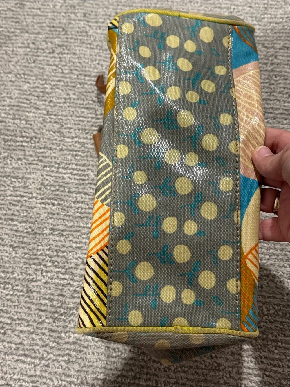 Fossil Circle Print satchel in Blue, Yellow & Tan